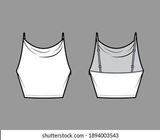 Dibujo de moda técnica Crop Camisole del tanque alto de la vaquera con correas delgadas ajustables, ajuste delgado, longitud de la cintura. Delantero de la plantilla superior de ropa interior plana, dorso, color blanco. Hombres mujeres unisex maquillaje CAD