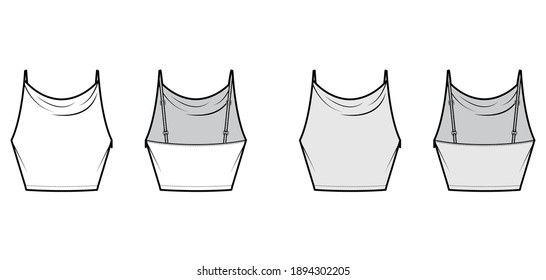 Tank high cowl Crop Camisole technical fashion illustration with thin adjustable straps, slim fit, waist length. Flat outwear top template front, back, white, grey color. Women men unisex CAD mockup