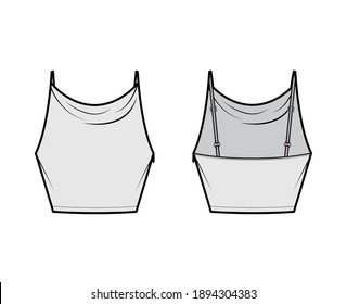 Tank high cowl Crop Camisole technical fashion illustration with thin adjustable straps, slim fit, waist length. Flat outwear top template front, back, grey color. Women men unisex CAD mockup