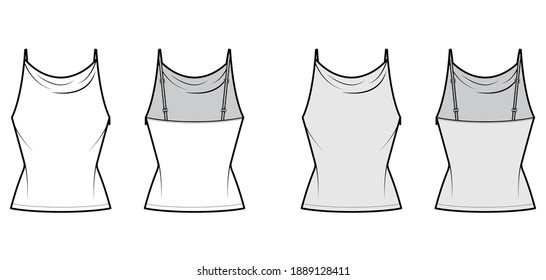 Tank high cowl top technical fashion illustration with thin adjustable straps, slim fit, elongated hem. Flat apparel outwear top template front, back, white, grey color. Women men unisex CAD mockup