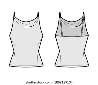 Tank high cowl top technical fashion illustration with thin adjustable straps, slim fit, elongated hem. Flat apparel outwear top template front, back, grey color. Women men unisex CAD mockup