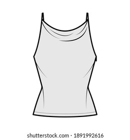 Tank high cowl top technical fashion illustration with thin adjustable straps, slim fit, elongated hem. Flat apparel outwear top template front, grey color. Women men unisex CAD mockup