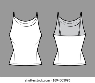 Tank high cowl top technical fashion illustration with thin adjustable straps, slim fit, elongated hem. Flat apparel outwear top template front, back, white color. Women men unisex CAD mockup