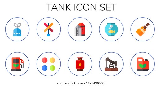 conjunto de iconos del tanque. 10 iconos de tanques planos. Incluye gas de acampada, gasolinera, ferrocarril, munición, silo, gas, pecera, aceite, fermentación, íconos de gasolina
