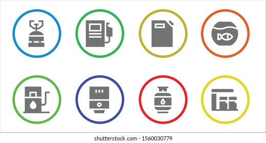 tank icon set. 8 filled tank icons.  Collection Of - Camping gas, Gas station, Fuel station, Water heater, Gas can, Fishbowl icons