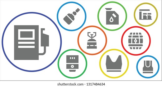 tank icon set. 9 filled tank icons.  Collection Of - Fuel station, Fermentation, Gas, Water heater, Tank top, Camping gas, Barrel, Gas station