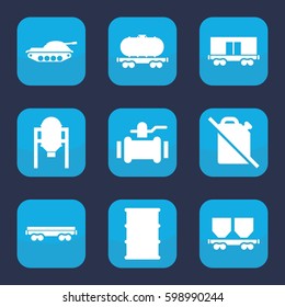 tank icon. Set of 9 filled tank icons such as tank, pump, barrel, cargo wagon