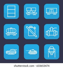 Tank icon. set of 9 outline tank icons such as tank, pump, barrel, cargo wagon