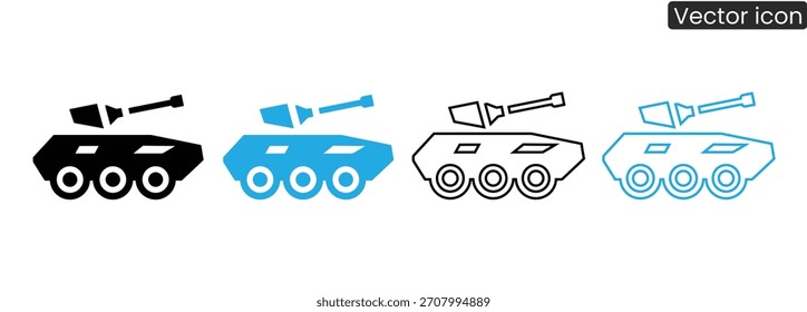 Ícone de tanque definido em preto, azul e versões com contorno. Útil para jogos, simulações militares e ilustrações vetoriais que precisam de um tema de guerra moderno.