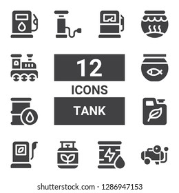 tank icon set. Collection of 12 filled tank icons included Compressor, Oil, Gas, Fuel, Fish bowl, Pump, Fishbowl, Railroad, Gas station, Gas pump