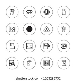 Tank icon set. collection of 16 outline tank icons with aquarium, artillery, barrel, fuel station, geyser, recycle bin, sleeveless shirt icons.