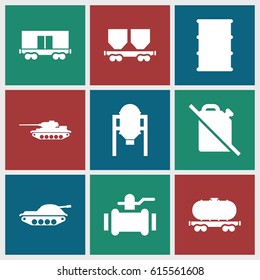 Tank icons set. set of 9 tank filled icons such as tank, pump, barrel, cargo wagon