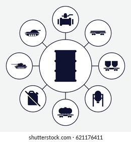 Tank icons set. set of 9 tank filled icons such as tank, pump, barrel, cargo wagon