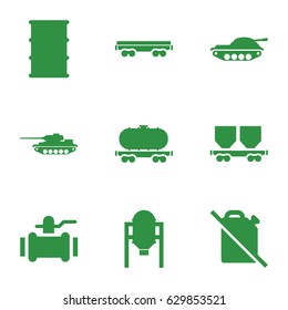Tank icons set. set of 9 tank filled icons such as tank, pump, barrel, cargo wagon