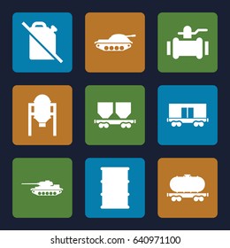 Tank icons set. set of 9 tank filled icons such as tank, pump, barrel, cargo wagon