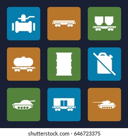 Tank icons set. set of 9 tank filled icons such as pump, barrel, cargo wagon, tank