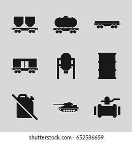 Tank icons set. set of 9 tank filled icons such as tank, pump, barrel, cargo wagon