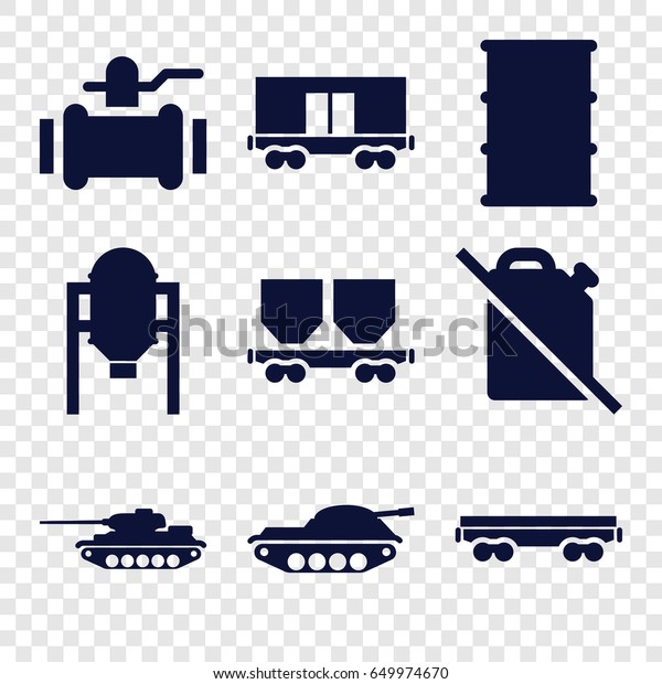 Tank icons set. set of 9 tank filled icons\
such as tank, pump, barrel, cargo\
wagon