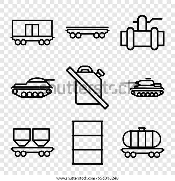 Tank icons set. set of 9 tank outline icons\
such as pump, barrel, cargo wagon,\
tank