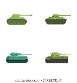 Tank icons set cartoon vector. Heavy camouflage special machinery. Armored military vehicle