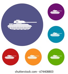 Tank icons set in flat circle reb, blue and green color for web