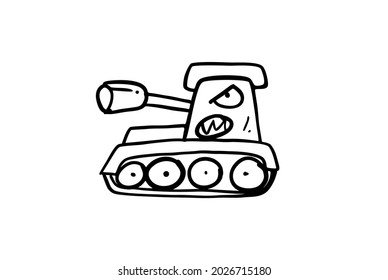 Tank illustration and tractor hand drawn for coloring and line art. Kids heavy equipment coloring for education.
