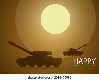 Tank isolated on sunset background. Vector Military machine. Concept with text 15 August Independence Day.