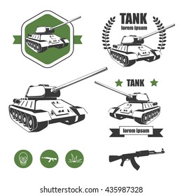 Tank isolated on white background. Vector Military machine. Tank logotype. Black and white military icons with machine gun.