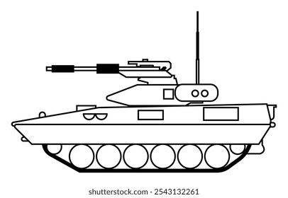 Dibujos de la línea del tanque para colorear la nave de la isla de combate del transporte militar en el fondo blanco