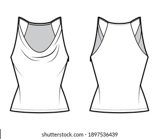 Tank low cowl Camisole technical fashion illustration with thin adjustable straps, slim fit, tunic length. Flat apparel outwear top template front, back, white color. Women men unisex CAD mockup