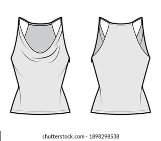 Ilustración técnica de la moda Camisole de bajo caucho con correas delgadas ajustables, ajuste delgado, longitud de la túnica. Prendas planas de ropa de vestir superior plantilla frontal, posterior, color gris. Hombres mujeres unisex maquillaje CAD