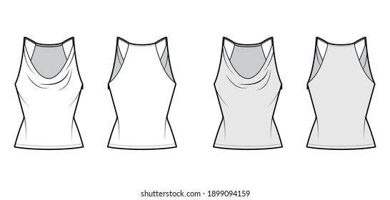 Ilustración técnica de la moda Camisole de bajo caucho con correas delgadas ajustables, ajuste delgado, longitud de la túnica. Prendas planas de ropa de vestir superior plantilla frontal, posterior, blanco, color gris. Hombres mujeres unisex maquillaje CAD