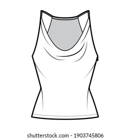 Ilustración técnica de la moda Camisole de bajo caucho con correas delgadas ajustables, ajuste delgado, longitud de la túnica. Portada de la plantilla de la ropa de vestir plana, color blanco. Hombres mujeres unisex maquillaje CAD