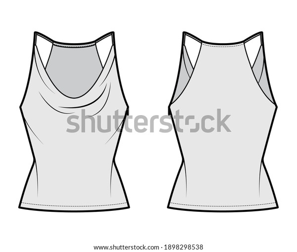 Tank low cowl Camisole technical fashion\
illustration with thin adjustable straps, slim fit, tunic length.\
Flat apparel outwear top template front, back, grey color. Women\
men unisex CAD mockup