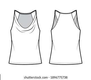 Dibujo de moda técnica de Crop Camisole con correas delgadas ajustables, de tamaño excesivo, de longitud de cintura. Delantero de la plantilla superior de ropa interior plana, dorso, color blanco. Hombres mujeres unisex maquillaje CAD