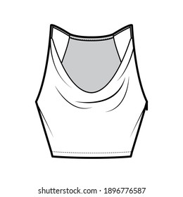 Tank low cowl Crop Camisole technical fashion illustration with thin adjustable straps, slim fit, waist length. Flat outwear top template front, white color. Women men unisex CAD mockup