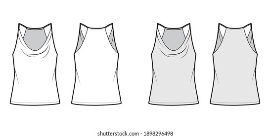 Tank low cowl Crop Camisole technical fashion illustration with thin adjustable straps, oversized, waist length. Flat outwear top template front, back, white, grey color. Women men unisex CAD mockup