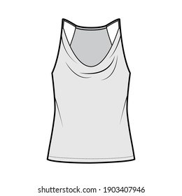 Tank low cowl Crop Camisole technical fashion illustration with thin adjustable straps, oversized, waist length. Flat outwear top template front, grey color. Women men unisex CAD mockup