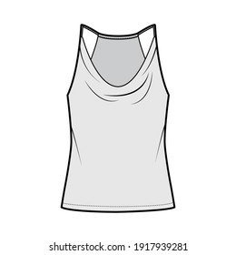 Tank low cowl Crop Camisole technical fashion illustration with thin adjustable straps, oversized, waist length. Flat outwear top template front, grey color. Women men unisex CAD mockup