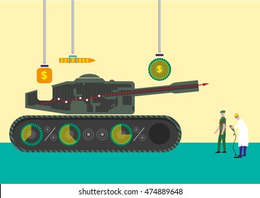 Tank made of infographic elements in a factory workshop. Editable Clip art.