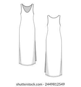 Tank maxi dress, front and back view flat vector illustration. Women fashion sleeveless mock-up with binding around the neck and armholes, side slit and double needle hem. Vacation clothes concept