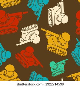 Tanque padrão militar sem costura. Plano de fundo da máquina de guerra. Ornamento do exército. Textura de vetor marcial. Tecido infantil