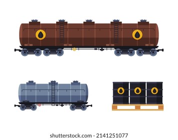 Tanque con petróleo o petróleo para el transporte de recursos líquidos químicos y barril en conjunto de vectores de paleta