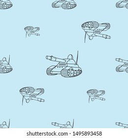 Tank pattern hand drawn illustration for coloring and line art. Seamless kids coloring for education.
