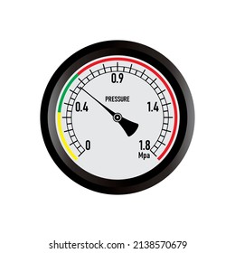Tank or pipe pressure gauge with red, green, and yellow mark. Safety valve image for industrial or manufacturing pipe installation.