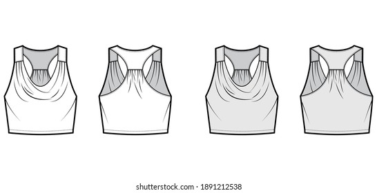 Tank racerback cowl recorte ilustración técnica superior de moda con longitud de cintura escurrida, sobredimensionada. Ropa de ropa de vestir plana plantilla de la camisa delantera, trasera, color gris blanco. Mujeres, hombres unisex CAD mockup