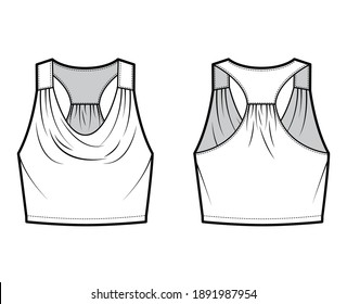 Tank racerback cowl crop top technical fashion illustration with ruching, oversized, waist length. Flat apparel outwear shirt template front, back, white color. Women, men unisex CAD mockup