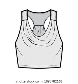 Tank racerback cowl crop top technical fashion illustration with ruching, oversized, waist length. Flat apparel outwear shirt template front, grey color. Women, men unisex CAD mockup