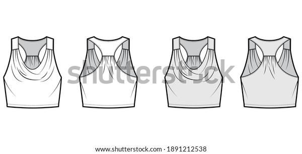 Tank racerback cowl crop top technical fashion\
illustration with ruching, oversized, waist length. Flat apparel\
outwear shirt template front, back, white grey color. Women, men\
unisex CAD mockup