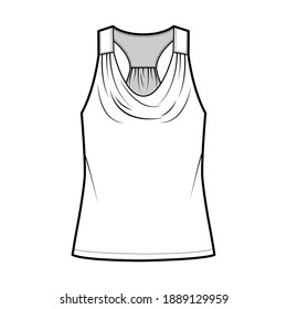 Tank racerback cowl top technical fashion illustration with ruching, oversized, tunic length. Flat apparel outwear shirt template front, white color. Women, men unisex CAD mockup